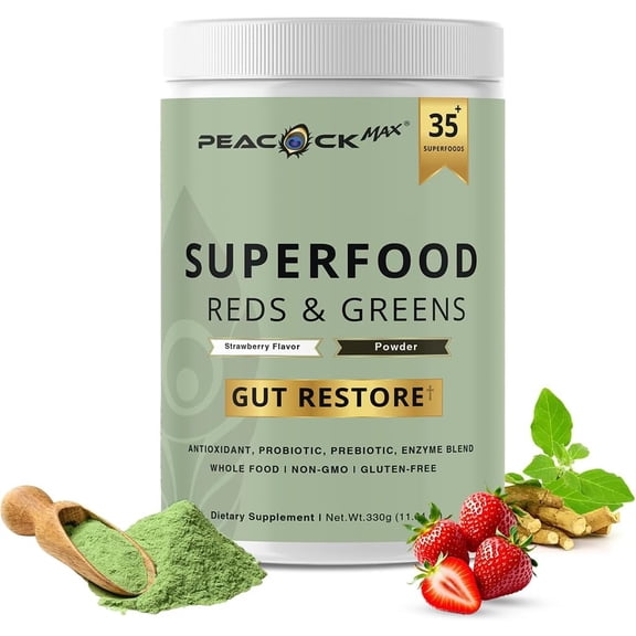 Peacock Max Reds & Greens Superfood Powder – 11.64 oz, Prebiotics, Probiotics, Ashwagandha, Vegan