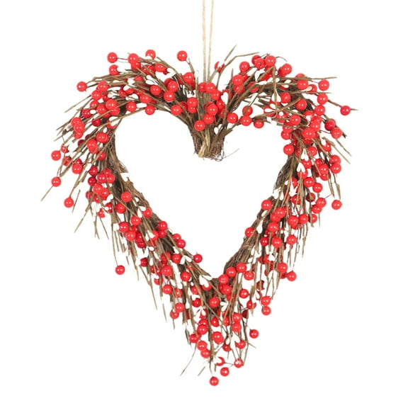 Yatlte Valentine's Day Heart Wreath, Grapevine Red Berry for Indoor Outdoor Decorations, Artificial Red Berries Wreath with LED Lights for Valentines Day Gift Hang Indoor Decor