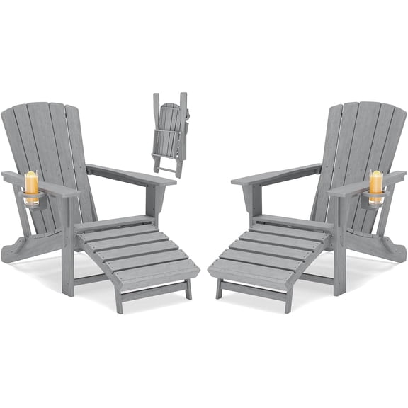 Polyhouz Folding HDPE Adirondack Rocking Chair Set of 2 with Retractable Ottoman and Cup Holder, All Weather Outdoor Lounge Chairs for Patio, Pool, Fire Pit, Grey