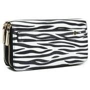 Daisy Rose Dual Zipper Hand Strap Zip Around Wallet and Phone Clutch - RFID Blocking Leopard Print Card Holder Organizer -PU Vegan Leather - Zebra