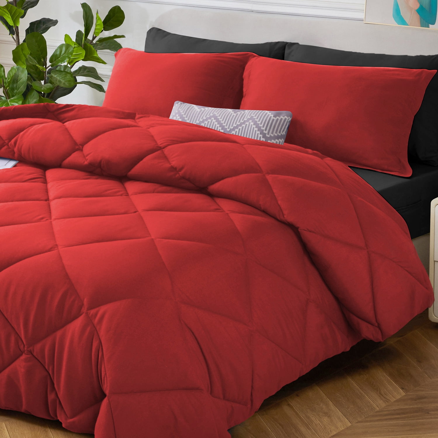 HIG 7 Piece Reversible Full Comforter Set - Red Quilted Down Alternative Bedding All Season Super Soft Microfiber Bed in a Bag Includes Sheets Pillowcases Shams