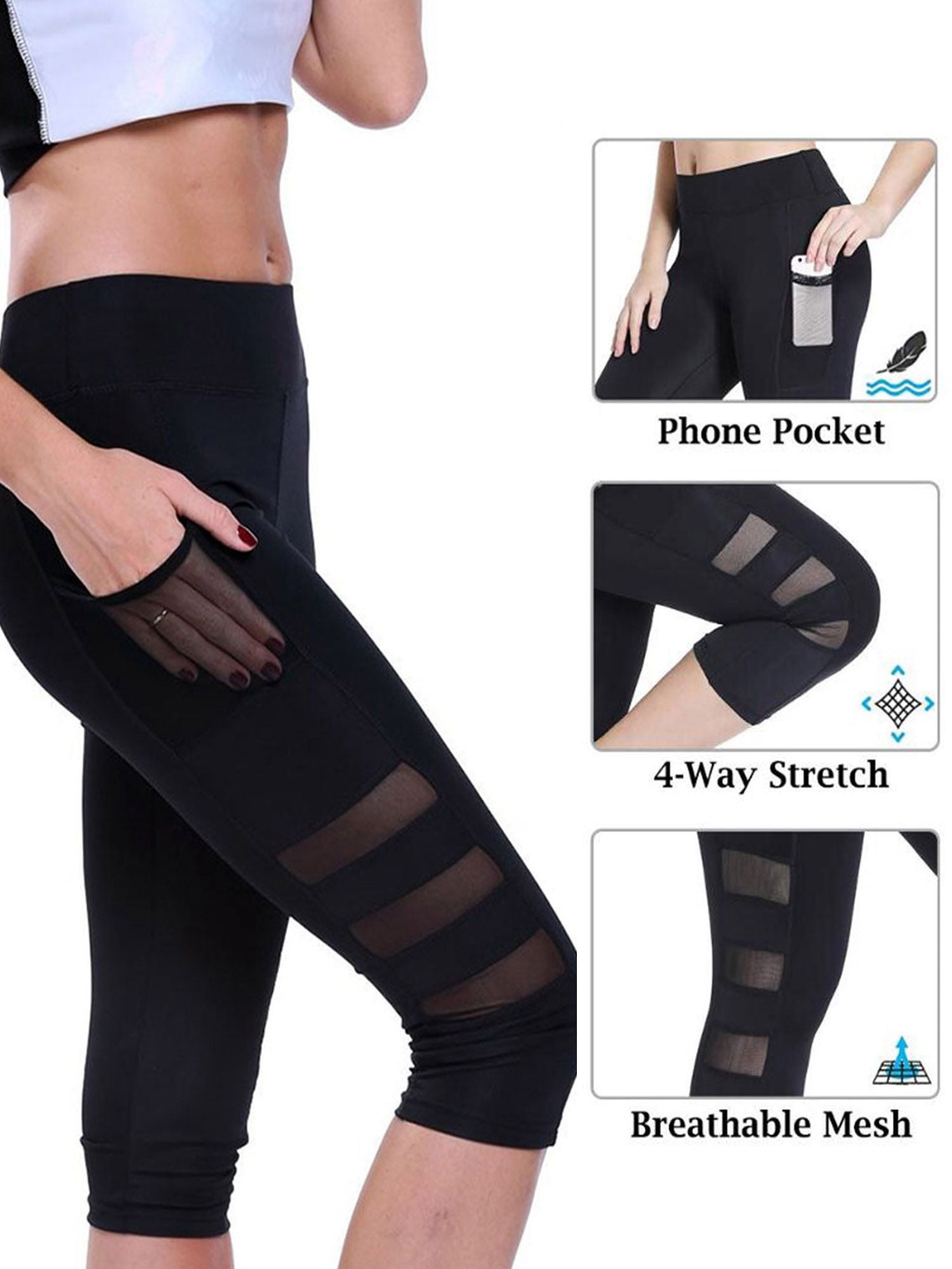 PULLIMORE Women's High Waist Yoga Pants Mesh Running Capri Pants with Side  Pockets Tummy Control Workout Running 4 Way Stretch Sport Leggings Size M  