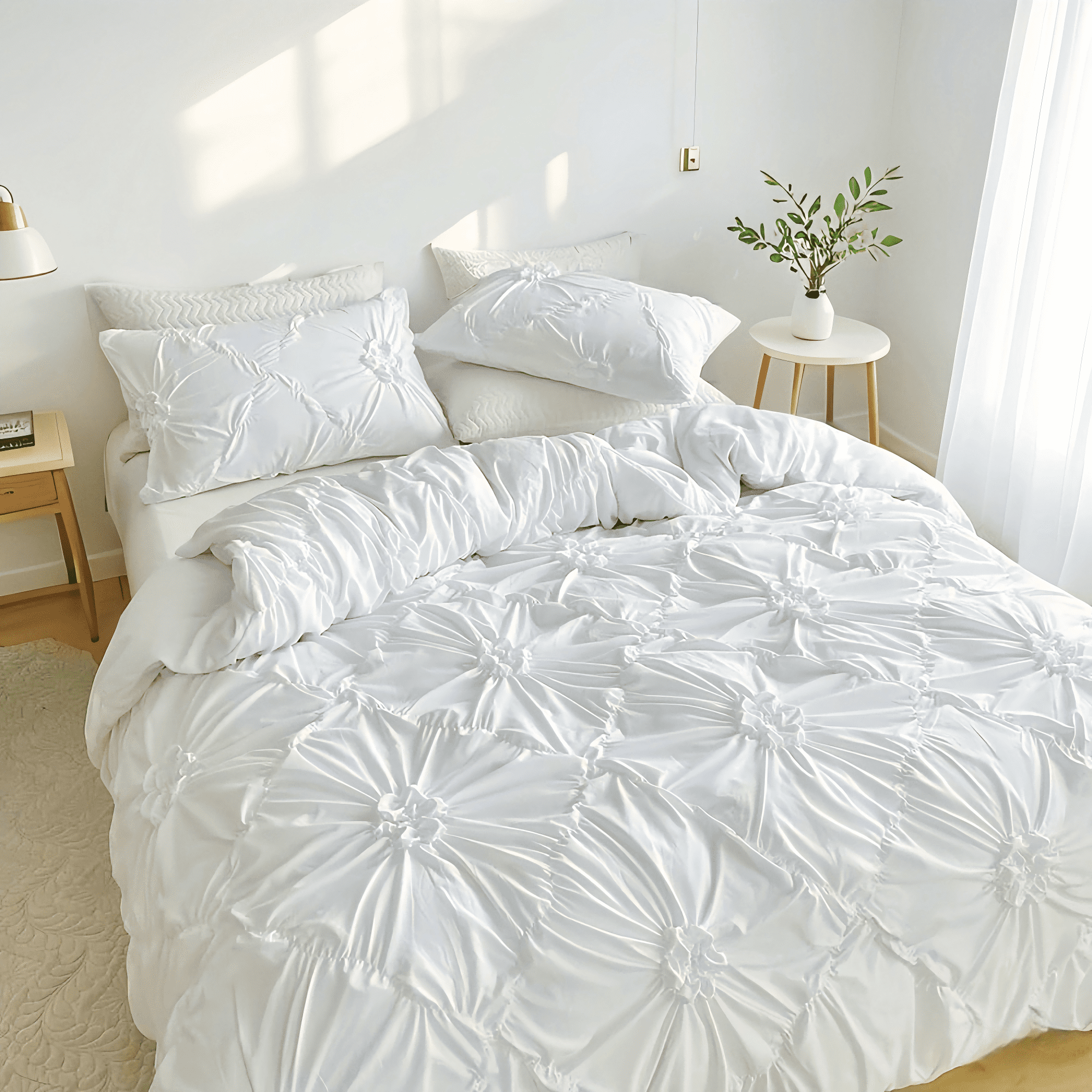 JOLUSERE Rustic French Style White Duvet Cover Sets Queen Size, Textured Flower Pinch Pleated Solid Luxury Bedding Sets
