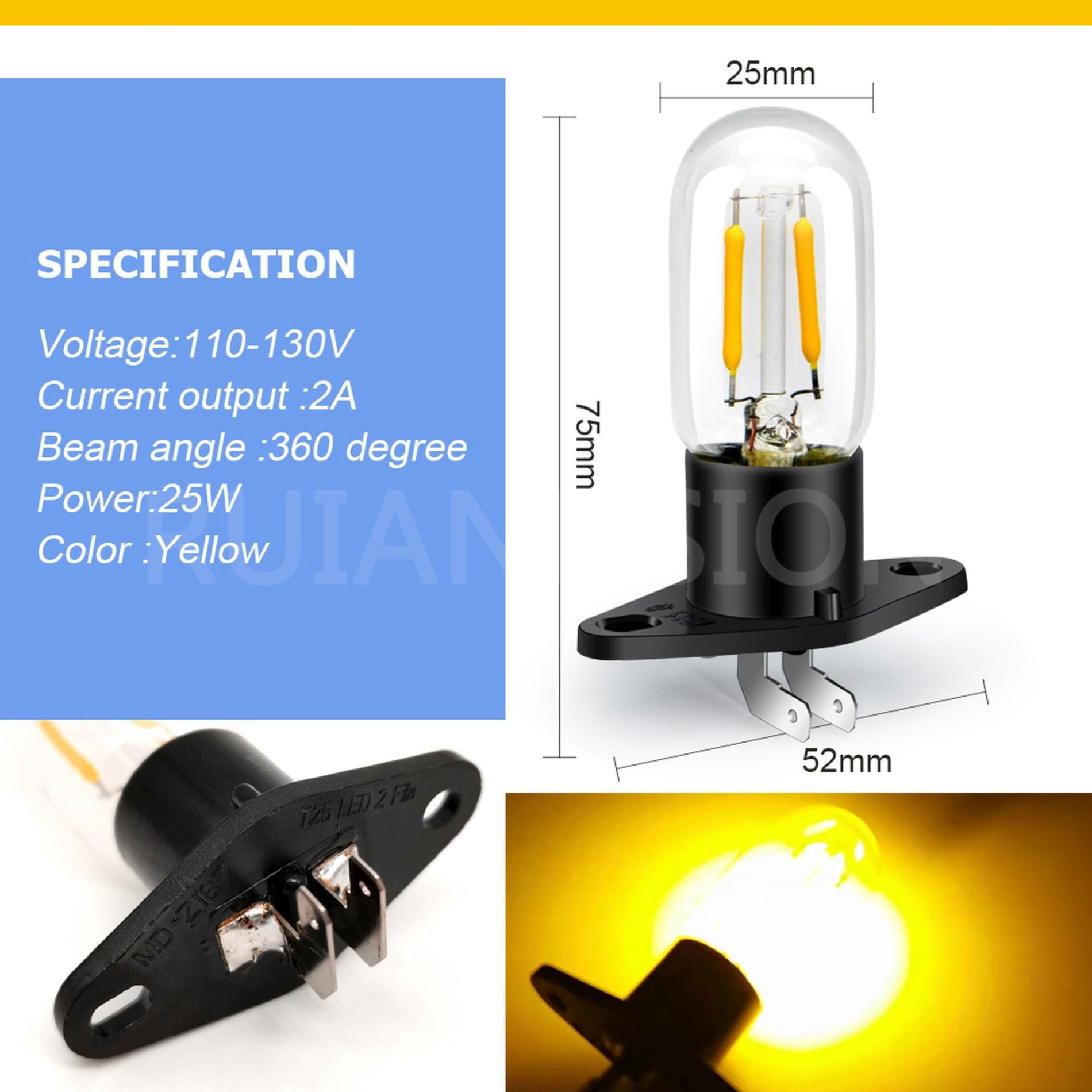 Ruiandsion 10-Pack Microwave Oven LED Bulbs,2W 110-130V 2200K Warm Amber 400LM,Z187 Base Vintage Filament Bulb,Side-Plug Design,Replacement