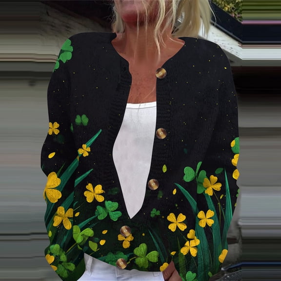 St. Patrick's Day Green Cardigan for Women Lucky Shamrock Pattern Sweaters Y2k Button Down Long Sleeve Knit Cardigans Open Front Sweaters Coat