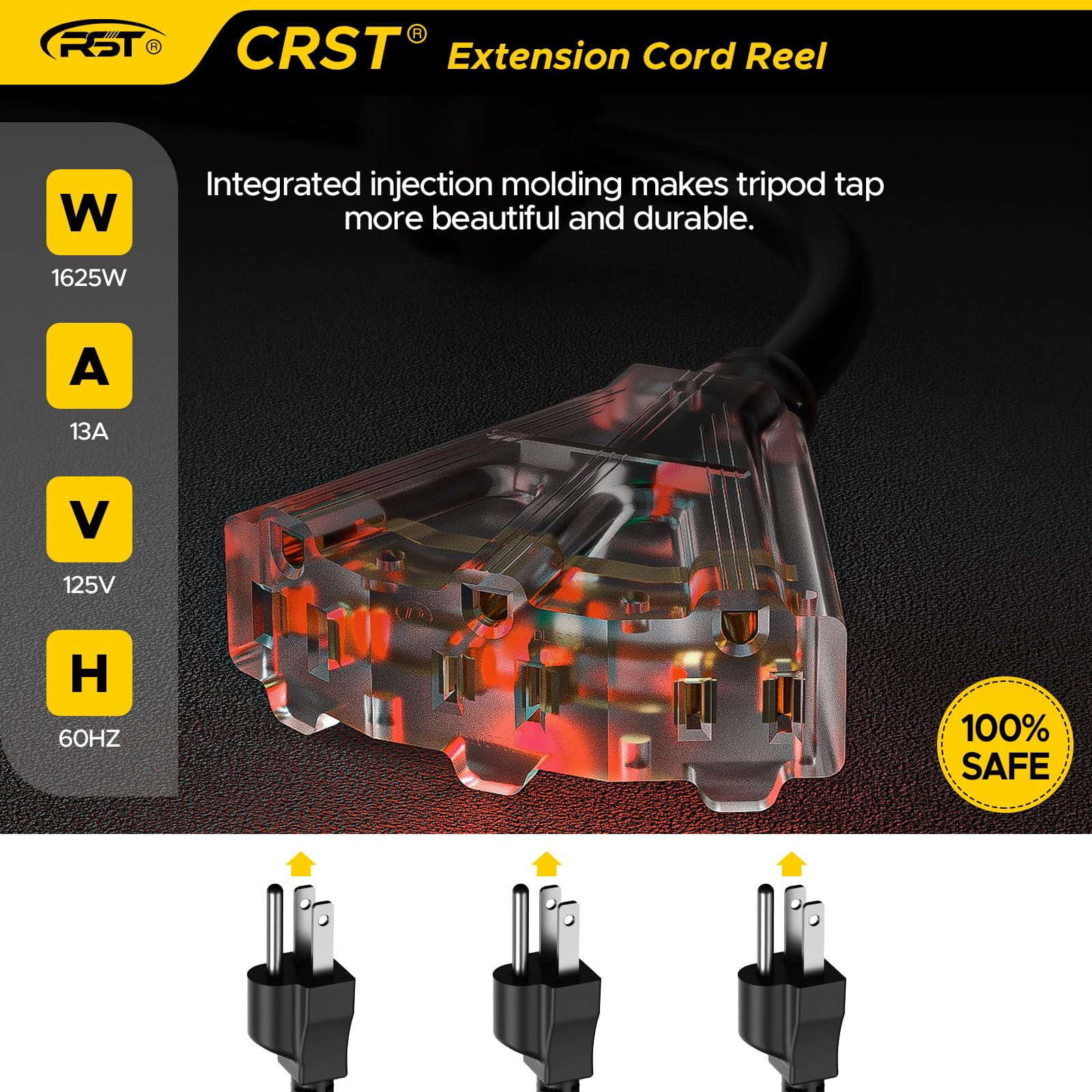 CRST Retractable Extension Cord Reel with Handle, 50 FT Heavy Duty 14AWG/3C SJTOW Power Cord with 3 Grounded Outlets Lighted Triple Tap Limited of 1625W, 13Amp Circuit Breaker, 180° Swivel Bracket