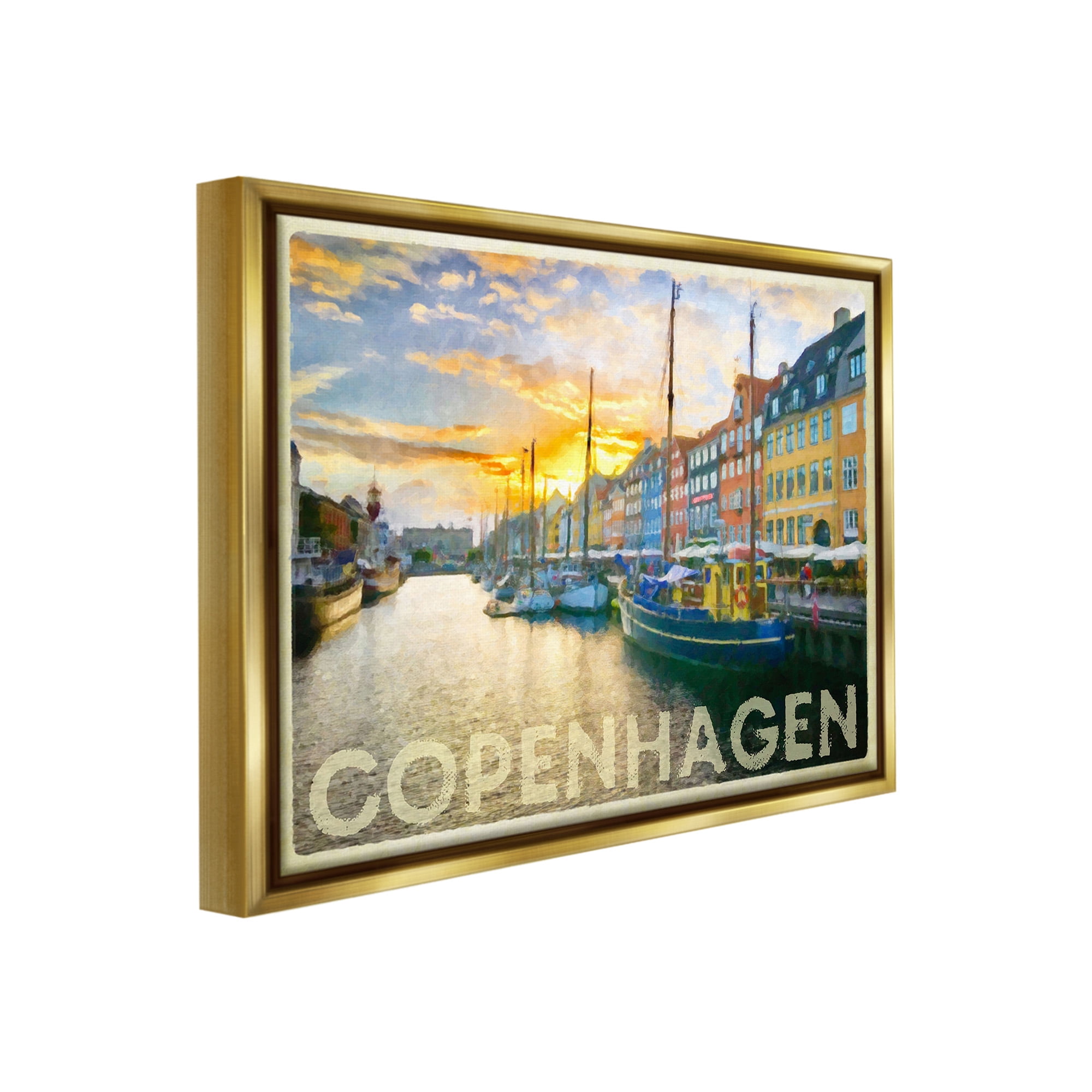 Stupell Industries Copenhagen Canal Boats Transportation Painting Gold Floater Framed Canvas Art Print Wall Art, 21 x 17