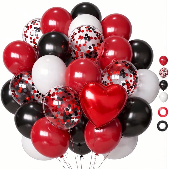 50Pcs Red Black White Latex Balloons 12 Inch with Black Red Confetti Balloons for Birthday, Wedding, Baby Shower, Graduation Party Decorations