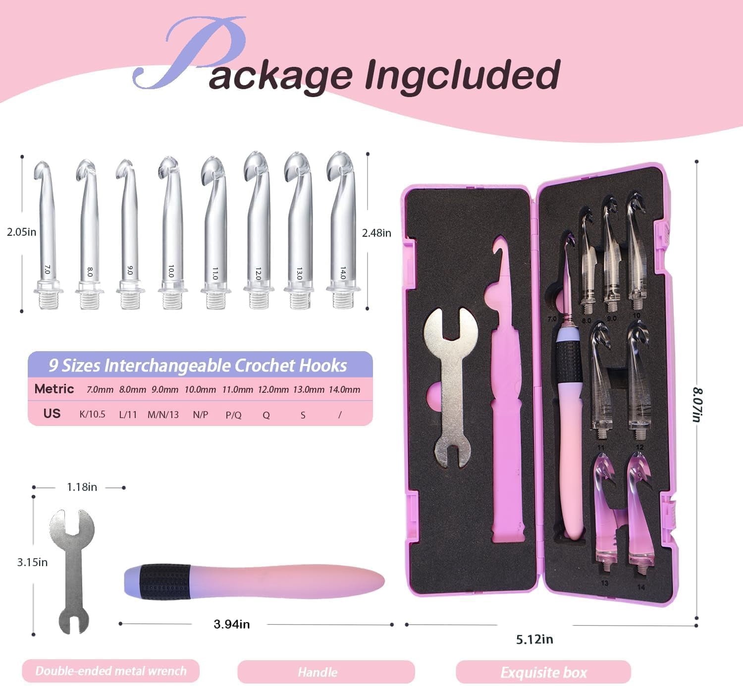 Large Crochet Hook Set with Ergonomic Grips 7.0~14mm, Interchangeable Head Gradient Screw-On Handle for Beginner