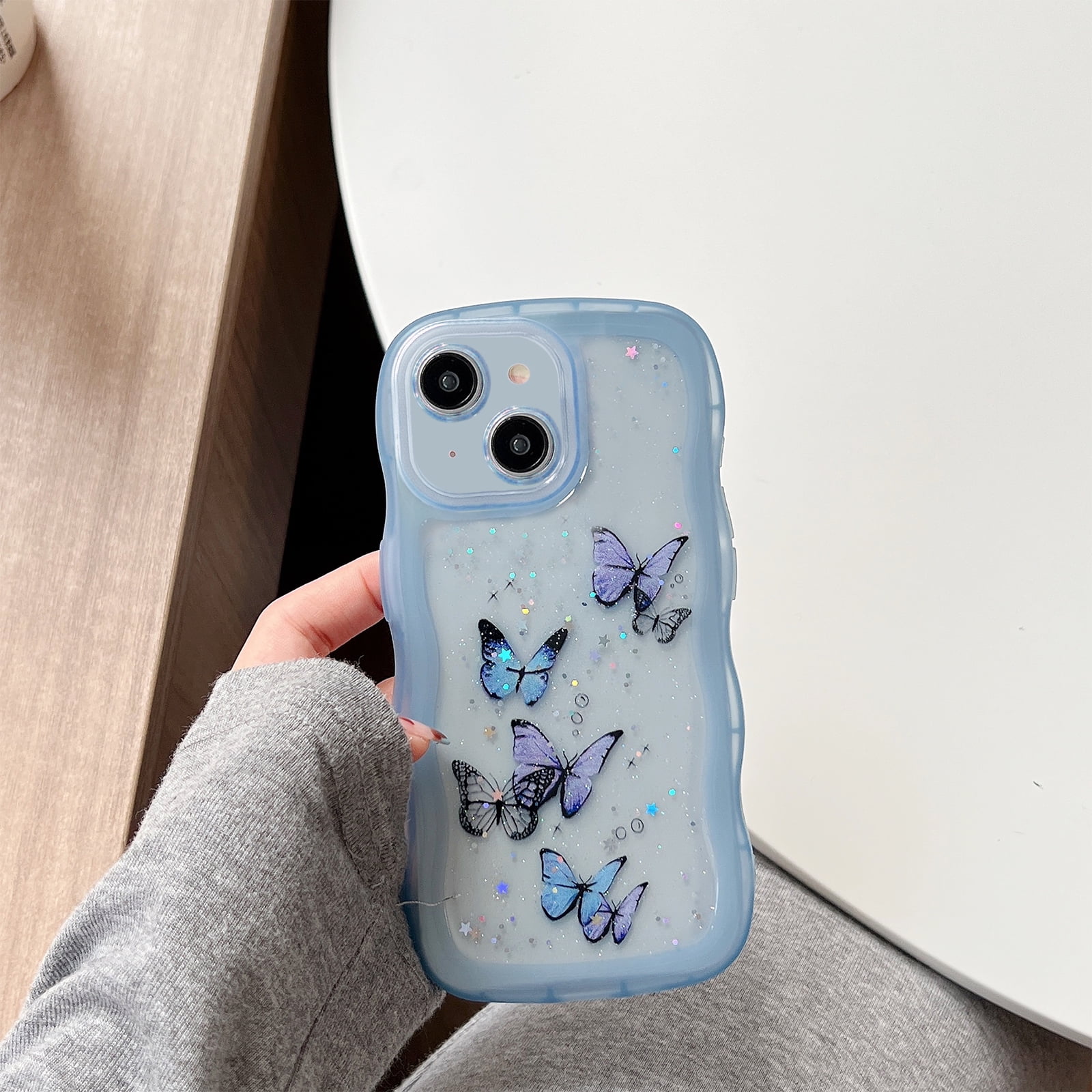 Butterfly Case For iPhone 13 Cute Aesthetic Wavy Curly Frame Glitter Bling Sparkle Clear Rubber Cover Shockproof Protective Hybrid Soft TPU Slim Shell for Women Girls Blue