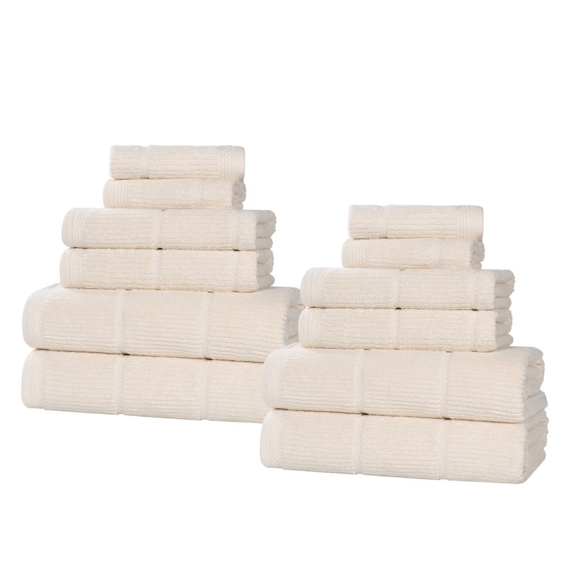 Superior Milo 12 Piece Smart Twist Cotton Towel Set, Medium Weight Ribbed Design Towels, Ivory