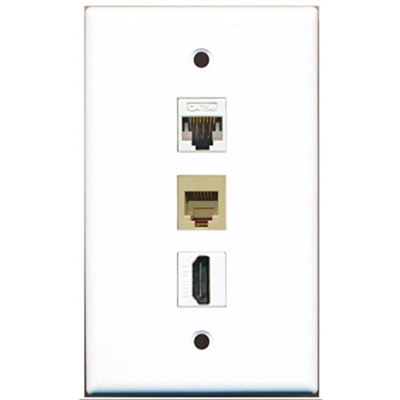 RiteAV - 1 Port HDMI and 1 Port Phone RJ11 RJ12 Beige and 1 Port Cat5e Ethernet White Wall Plate