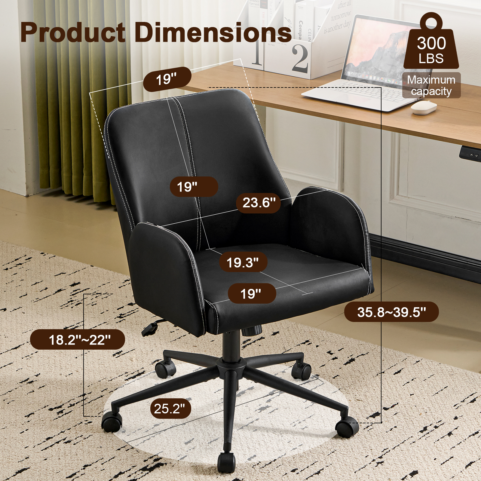 Modern Home Office Desk Chair, Faux Leather Ergonomic Desk Chair with Adjustable Height, Rolling Swivel Computer Chair, Mid-Back Armchair Task Chair for Office, Study Room, Beige