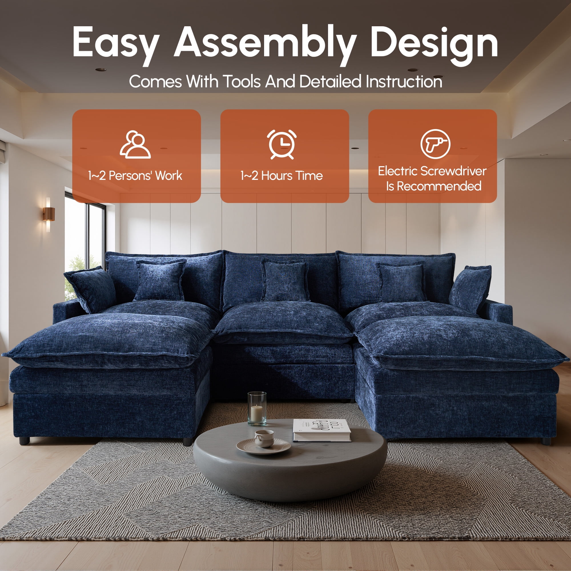 Ovios 108" Modular Sectional Sofa U-Shaped Cloud Couch with 2 Ottomans, Comfy Living Room Furniture, Chenille, Dark Blue