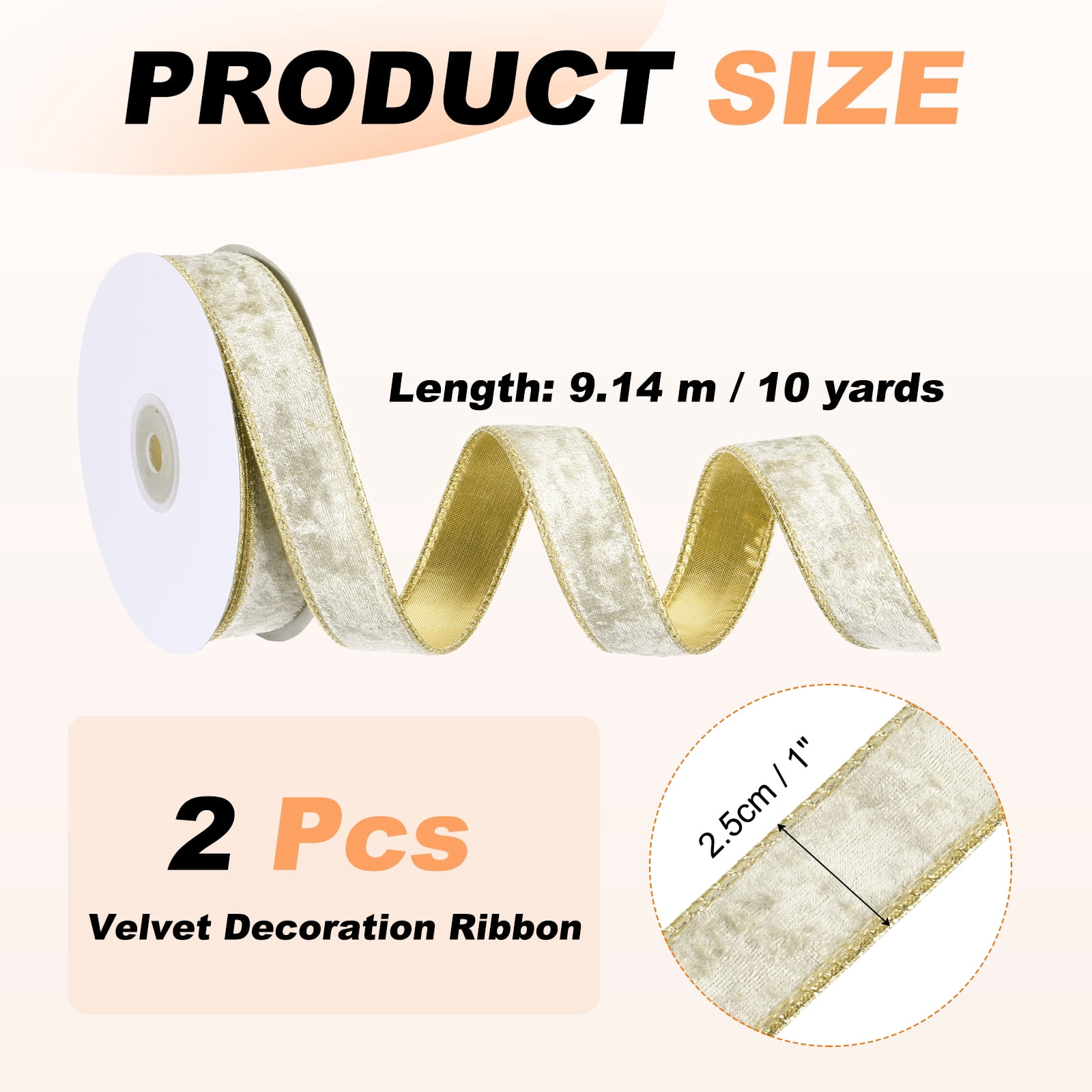Uxcell Velvet Wired Ribbon, (1 Inch x 10 Yards, 2 Pcs)(Champagne) Velvety Gold Crushed Ribbons Gift Wrapping Binding, Suit For- Crafts/Bow/Wreaths/Christmas Tree Decoration