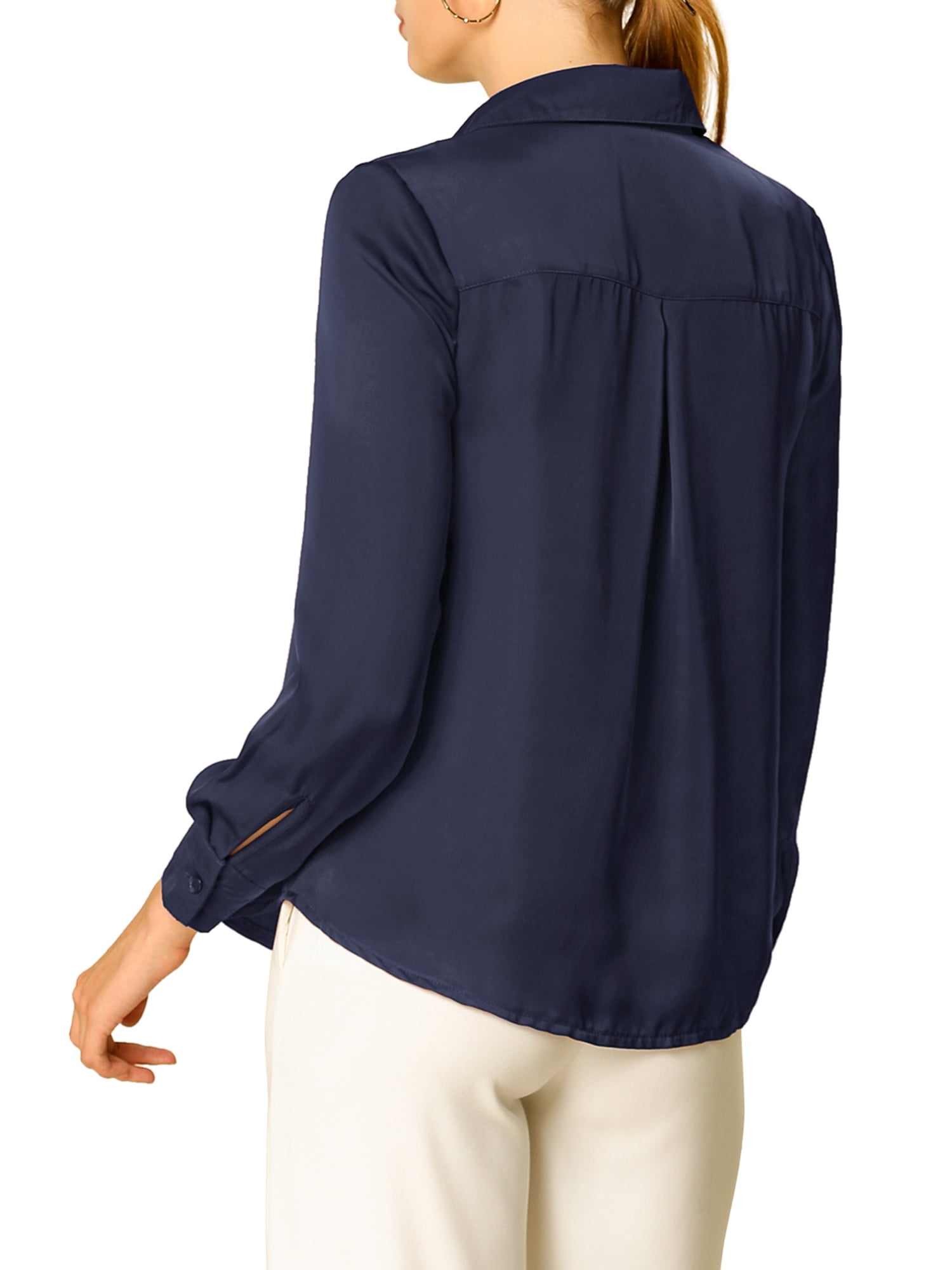 DARING DIVA Women's V Neck Classic Work Office Long Sleeve Shirt XS Navy Blue