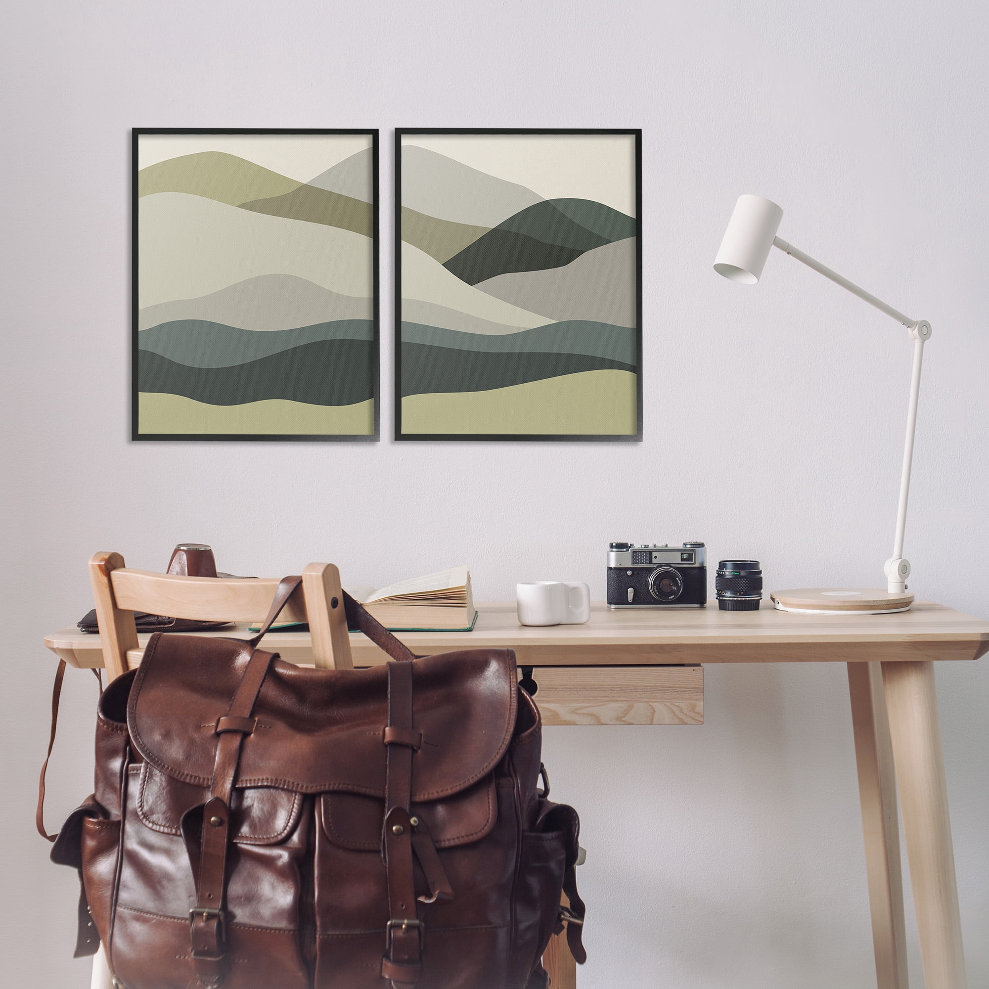 Stupell Industries Modern Green Mountains Landscape Painting Black Framed Art Print Wall Art, 16 x 20, Set of 2
