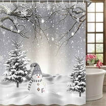 Christmas Grey Shower Curtains Winter Snowman Snowflake Snow Forest Trees Decor Fabric Bathroom Curtains Set With Hooks 69 X 70 Inches