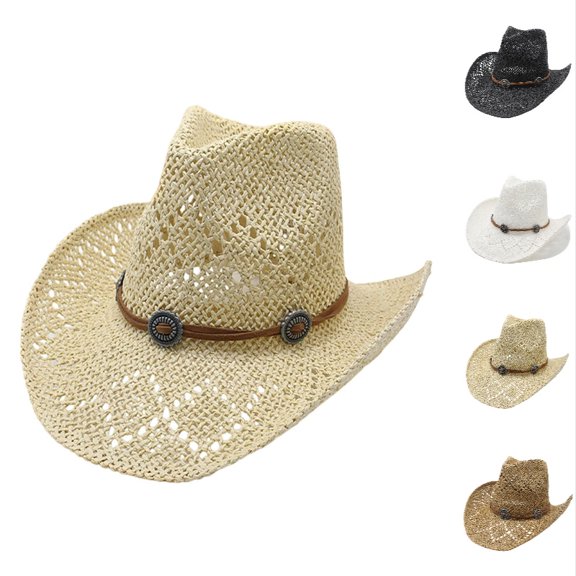 Ticikt Hollow‑Woven Straw Cowboy Hat, Ethnic Decor Wide Curved Brim Sun Hat for Beach Vacation Outdoor Travel,Beige