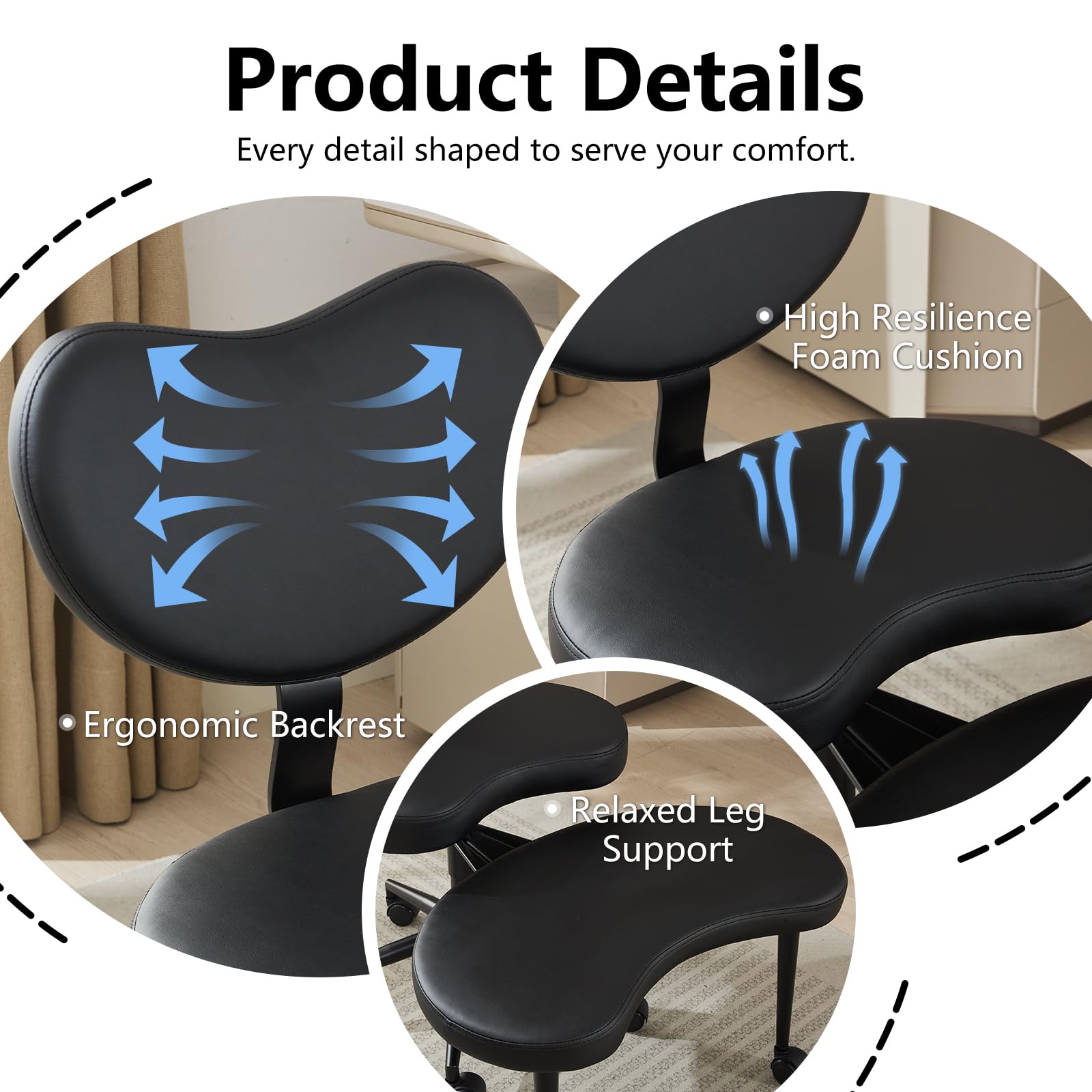 Pawverly Cross-Legged Meditation Chair with Wheels, Adjustable Height Yoga Office Chair with Lumbar Support, Ergonomic Criss Cross Desk Chair for Adults, Black PU Leather