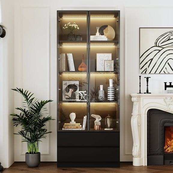 WIAWG Bookcase Display Cabinet with Lights, Pop-up Glass Doors, 2 Drawers and 4 Shelves