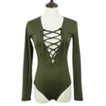 thumbnail image 4 of Sexy women bodysuit plunge neckline lace up tie front stretch playsuit leotard jumpsuit overalls, 4 of 5