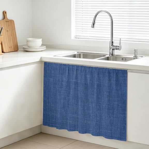 Vintage Linen Cabinet Curtains for Kitchen 10"W x 11"L, Pastoral Navy Blue Linen Texture Farmhouse Under Sink Skirt Magic Tape Short Curtain Decorative Privacy Panel for Bathroom Laundry