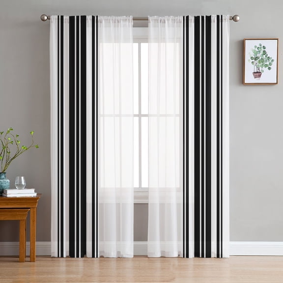Black Striped Sheer Curtains 96 Inch Length 2 Panels Set for Living Room/Bedroom, Modern White Striped Abstract Art Aesthetics Curtain Sheers Drapes Rod Pocket Curtains Window Treatment 52''x96''x2