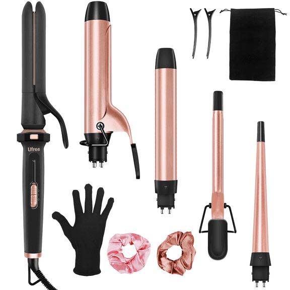 Ufree 5 in 1 Curling Iron with Interchangeable Ceramic Barrels (0.35"-1.25"), Curling Wand Set with Flat Iron Hair Straightener, Instant Heat Up, Dual Voltage Hair Curler, Mothers Day Gifts