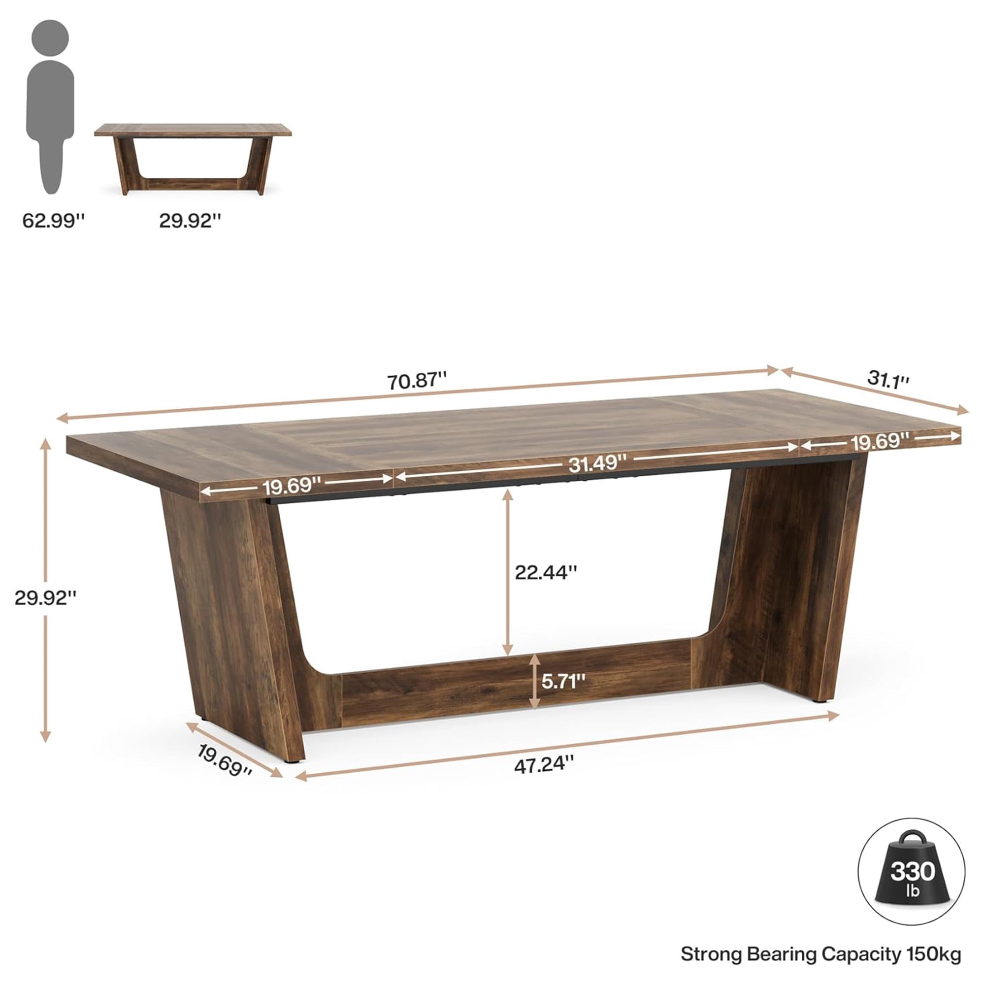 KIOOTTO 71" Solid Wood Executive Desk, Heavy Duty Pedestal Computer Table for Home Office, Rustic Brown