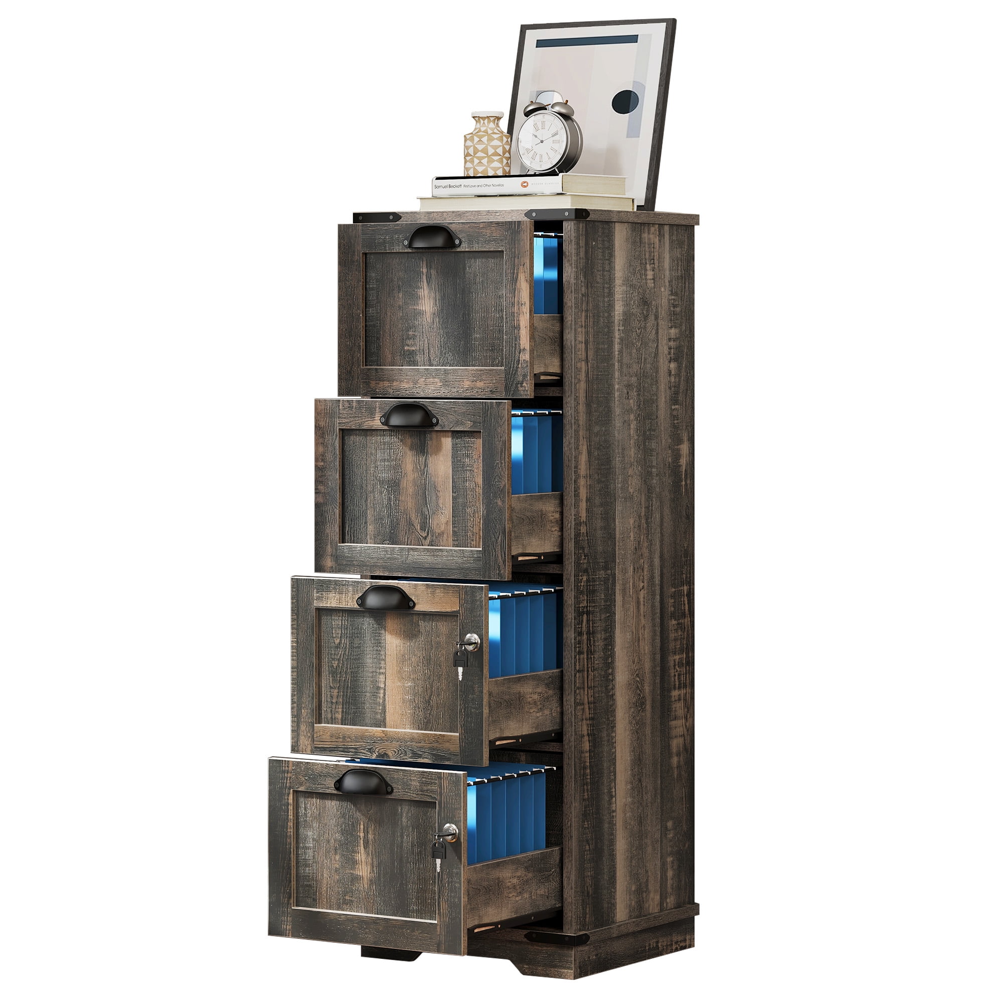 DEXTRUS 4-Drawer File Cabinet with Lock, 15.86" Deep Vertical Filing Cabinet, Rustic Grey