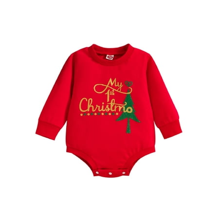 

Qtinghua Newborn Baby Boy Girl Christmas Romper Long Sleeve Letter Tree Print Short Jumpsuit Fall Clothes Red 0-3 Months