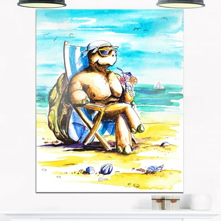 DESIGN ART Turtle Enjoying Holidays on Beach - Large Seashore Glossy Metal Wall Art 12 in. wide x 20 in.