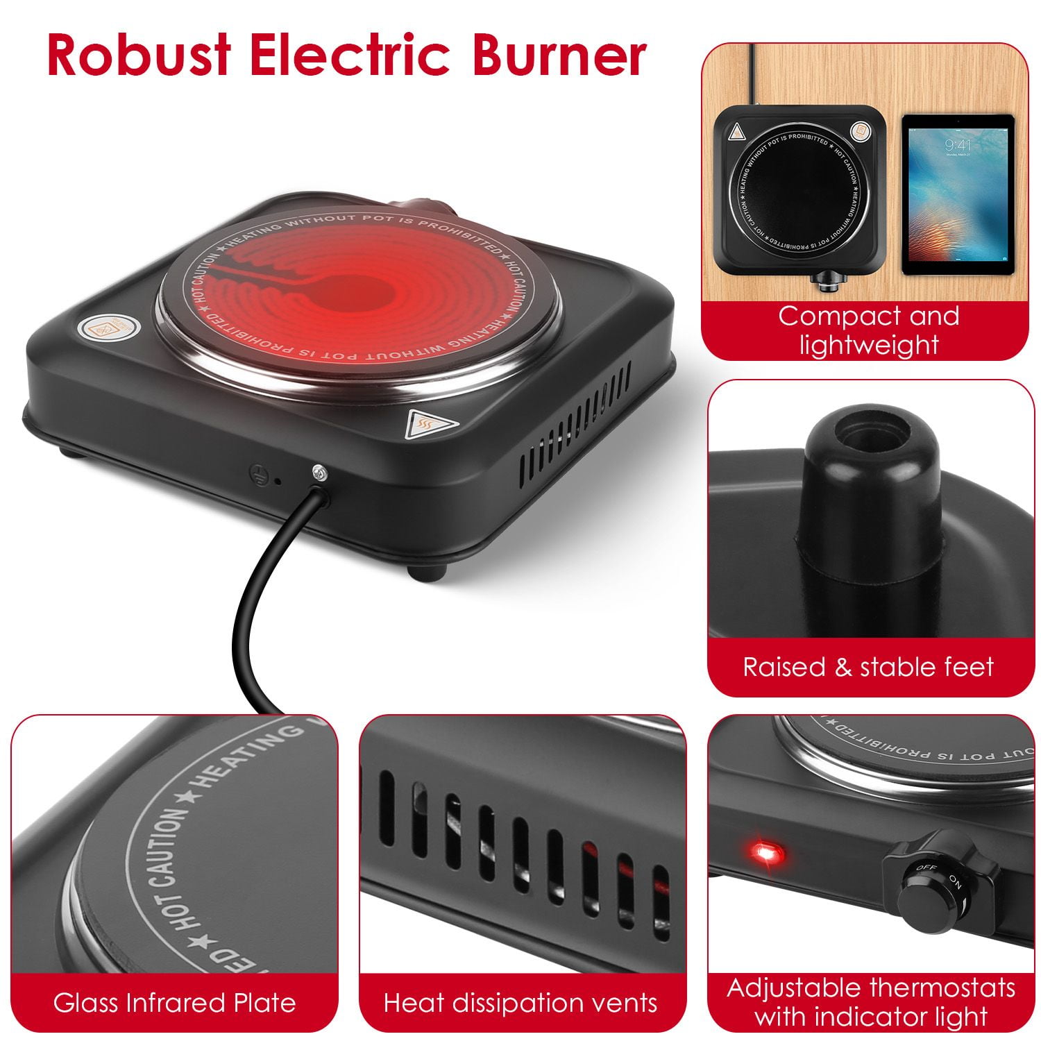 1000W Electric Infrared Single Burner Portable Heating Hot Plate Stove Countertop RV Hotplate with 7.5' Glass Cooktop Stepless Temperature Adjustments for Home RV Camp
