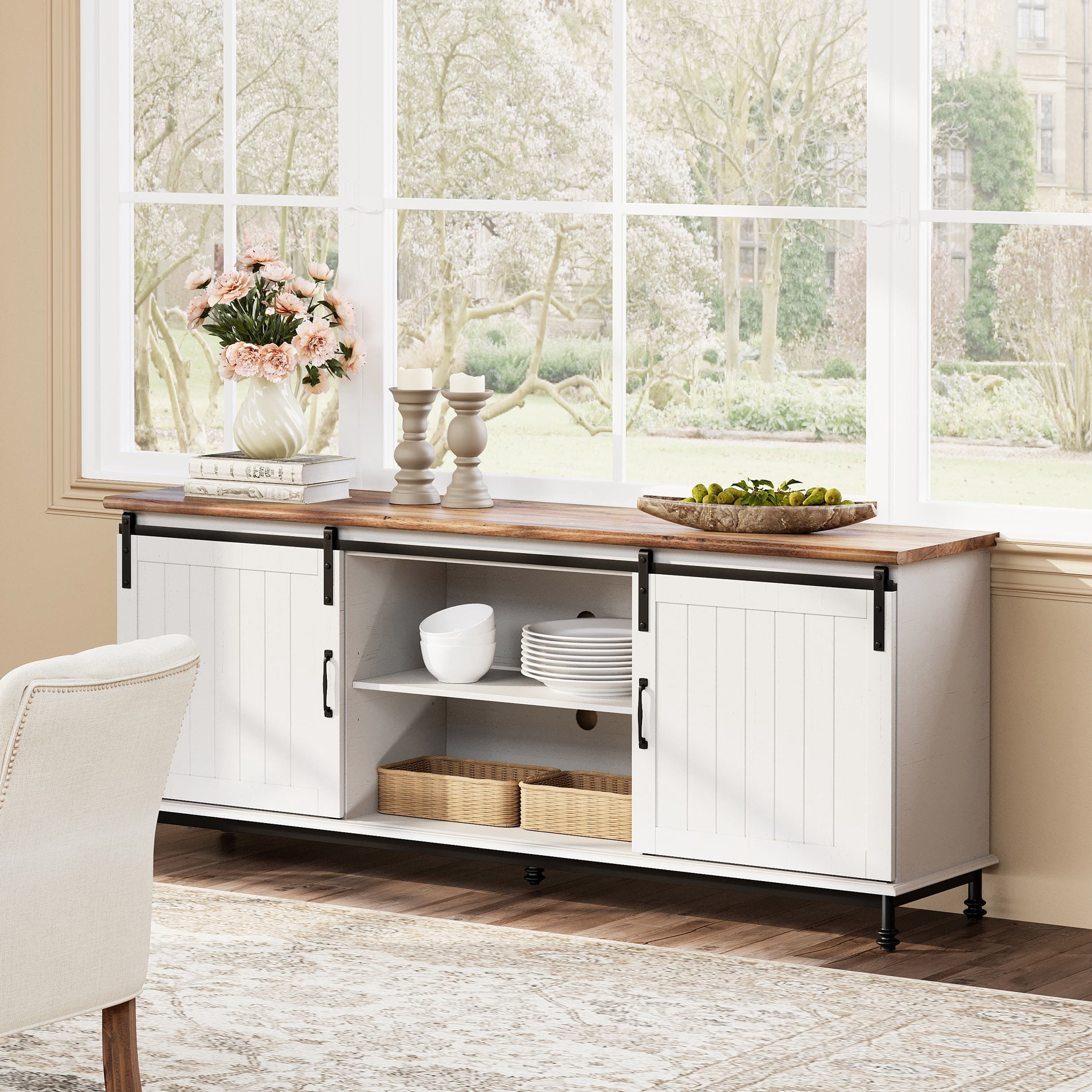 70 Inches TV Stand , Wood Entertainment Center for livingroom, Console Table Storage Cabinet with Sliding Barn Door for 80 90 100 110 Inch TV Sansujyuku sansujyuku.com