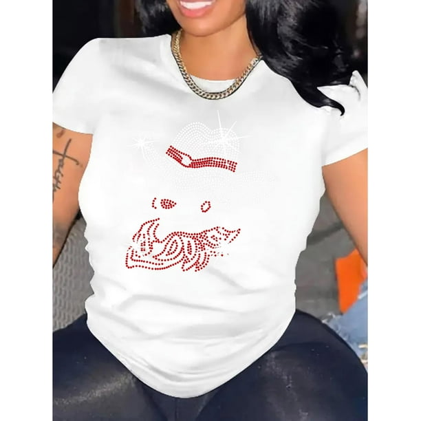 Camiseta básica de verano para mujer1pc Women'S Fashion Diamond Art Print T-Shirt, Casual Round Neck Short Sleeve, Polyester Stretch Fabric, All-Season Comfort Fit TopFather's Day, Mother's Day, New