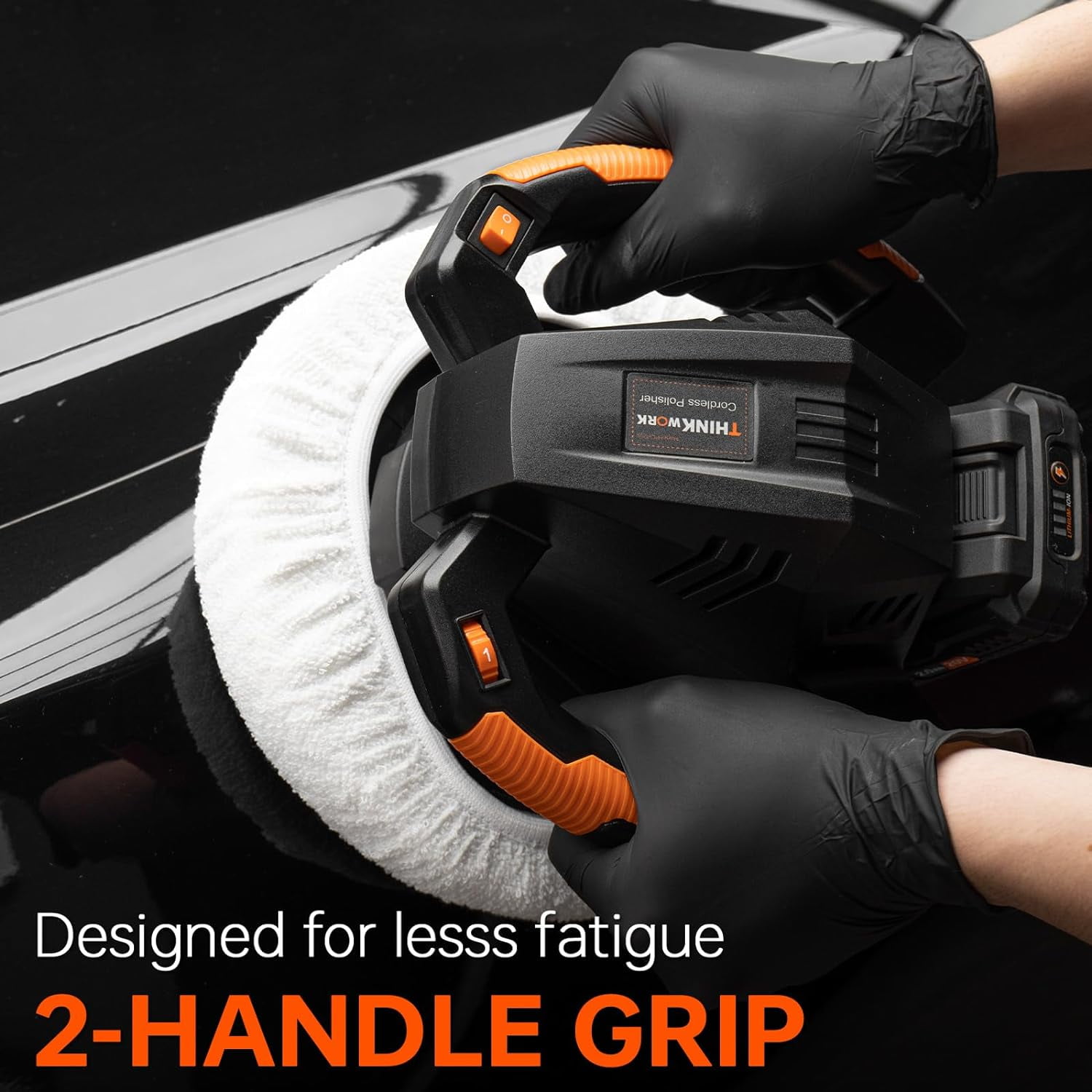 THINKWORK Portable 20V Cordless Buffer Polisher - 10-Inch Polishing Machine Kit for Car with 2Ah Rechargeable Battery, 6 Variable Speed 1500-3600RPM, Double Handle, Ideal for Car Waxing
