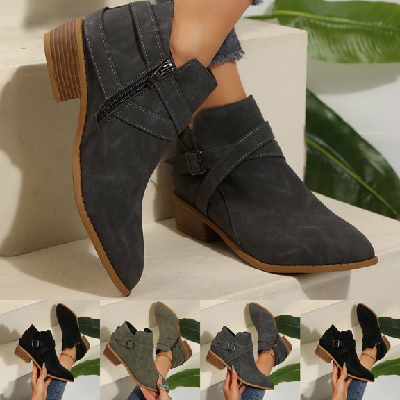 Crunowin Women's Pointed Square Heel Boots Side Zipper Mid-Calf Fall Winter Casual Shoes Black Size 7.5