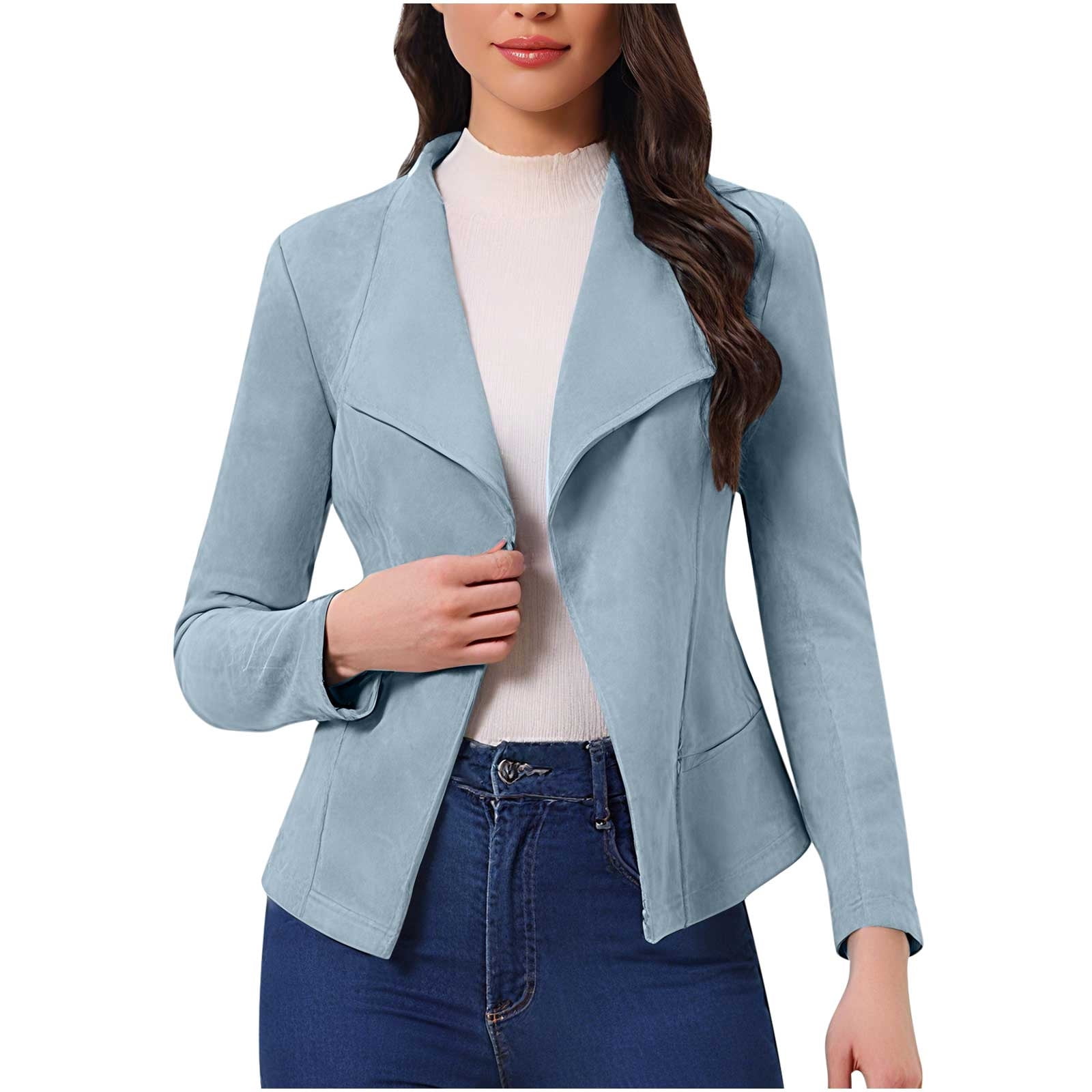 FAVIPT Womens Casual Jacket Faux Suede Lapel Solid Clothes Long Sleeve Cropped Coat Open Front Fall Winter Outfits Blue,XXL