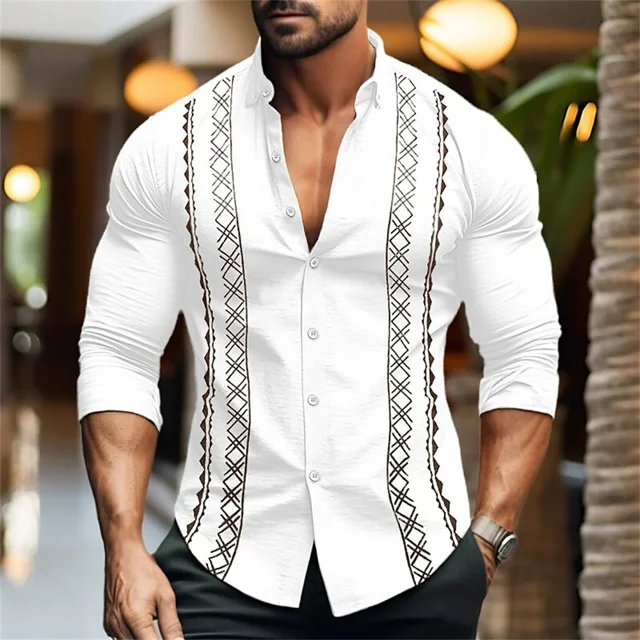 Camisa de cuello abotonado con estampado 3D de parches de color sólido de verano para hombre, ropa de playa hawaiana de moda para ocio, manga larga