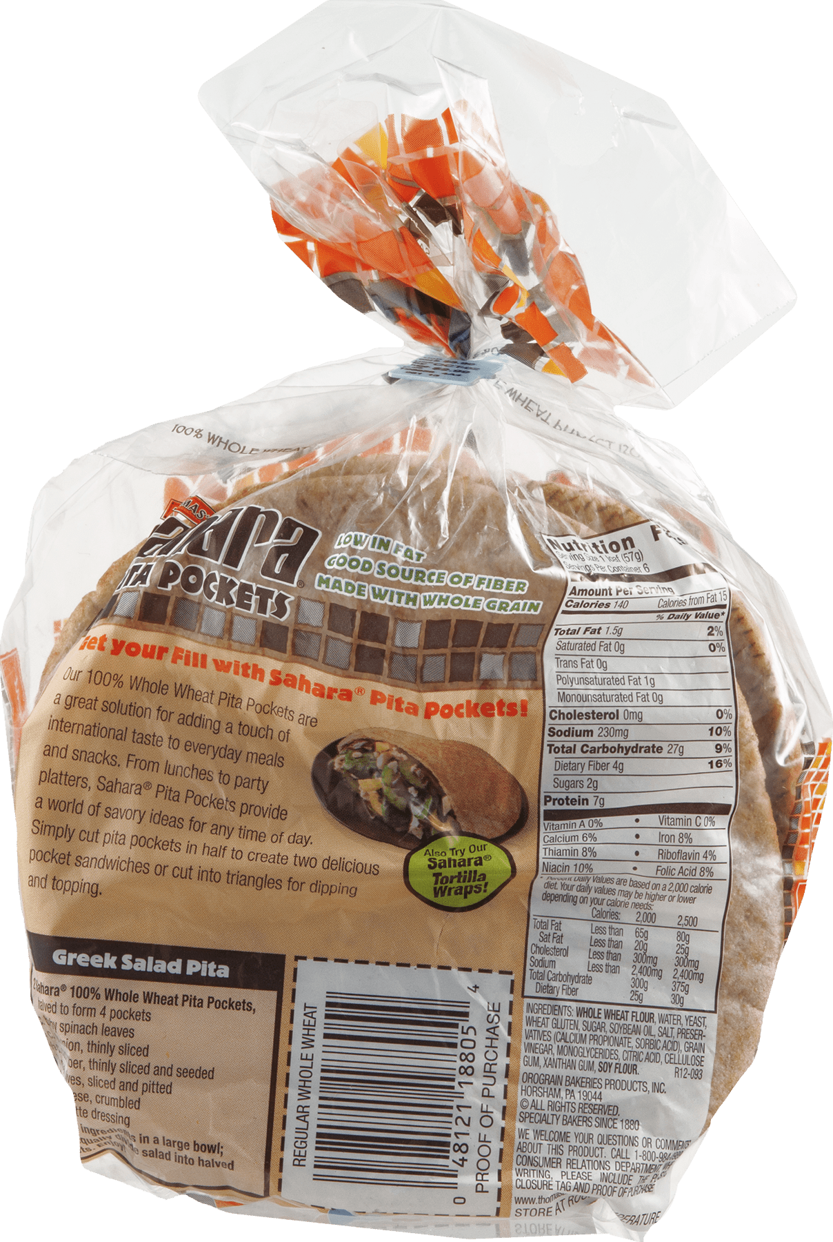 calories in whole wheat pita pocket