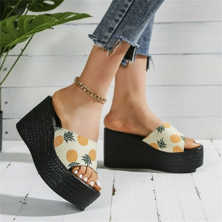 

Cathalem House Slippers for Women Ladies Summer Fashion Strawberry Pineapple Printed Cloth Open Toe Womens Hard Sole Slippers Yellow 7