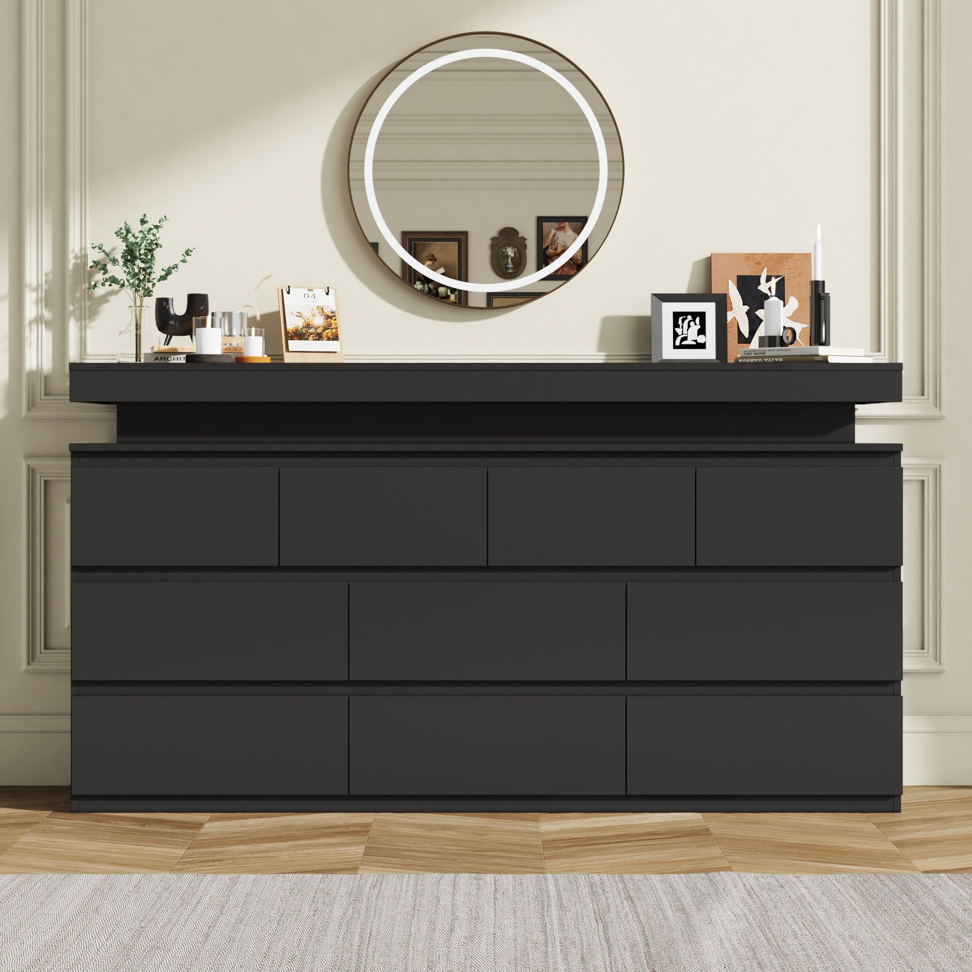 ChVans Black 10 Drawer Dresser with LED Lights, 63" Wide Modern Wood Chest of Drawers with Charging Station & Handle Free, LED Black Dresser for bedroom, Living Room, Entryway, Hallway