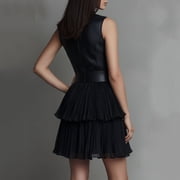 Women's Sleeveless Round Neck Mini Dresses Faux Leather Tiered Ruffle Chiffon Skirt Casual Party Clubwear Style Elegant Slim Fit Dresses