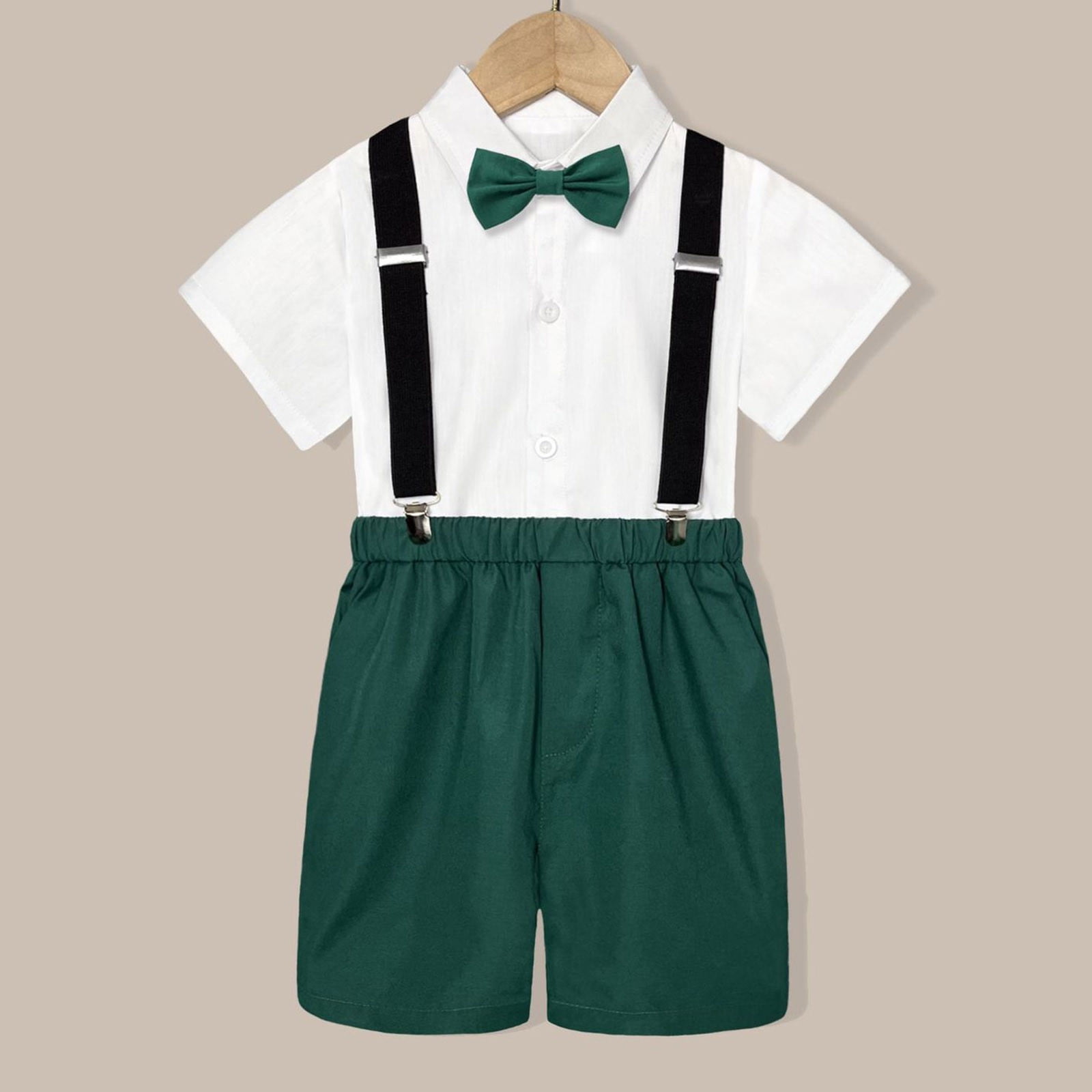 TJAZFJPA Baby Boy Summer Outfit Organic Kids Boys Summer British Style Short Sleeved Shirt Suspenders Shorts Bow Tie 4Pc Children Performance Suit Baby Boy Outfit Sets with Pants Baby Suit