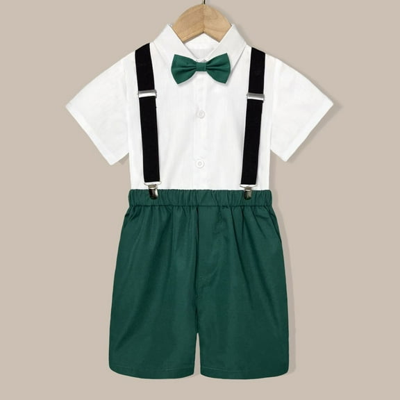 XUELUO Toddler Boys Casual Outfit Sets Kids Summer British Style Short Sleeved Shirt Suspenders Shorts Bow Tie 4Pc Children Performance Suit Clothing Streetwear