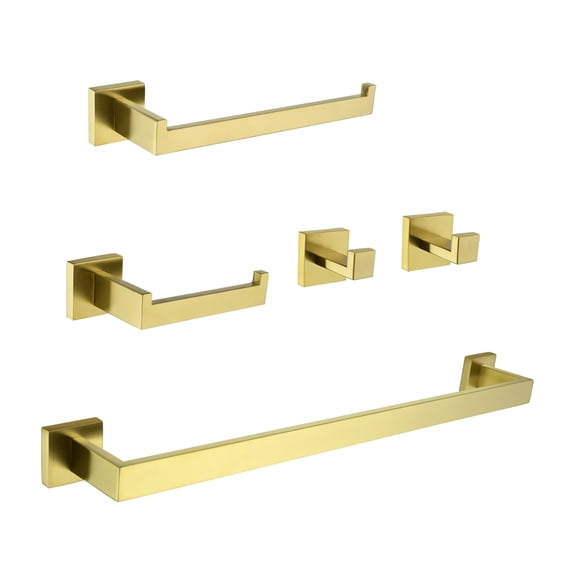 Cobbe 5-Piece Bathroom Accessories Set with Towel Rack, Hand Towel Bar, Toilet Paper Holder, 2 Robe Towel Hooks, Wall Mount Bathroom Hardware Set Brushed Gold