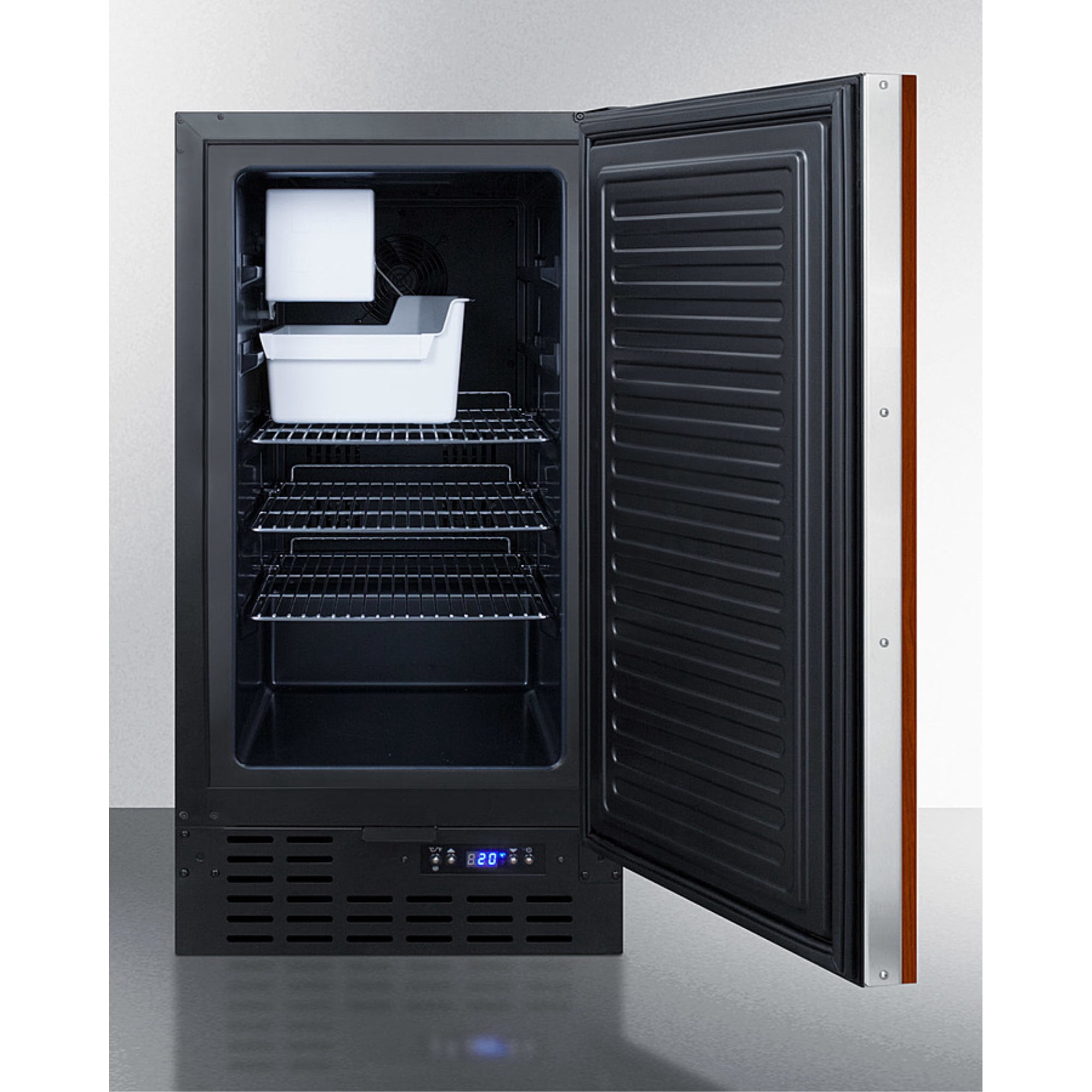18" wide built-in undercounter manual defrost crescent icemaker with panel-ready door; no drain required