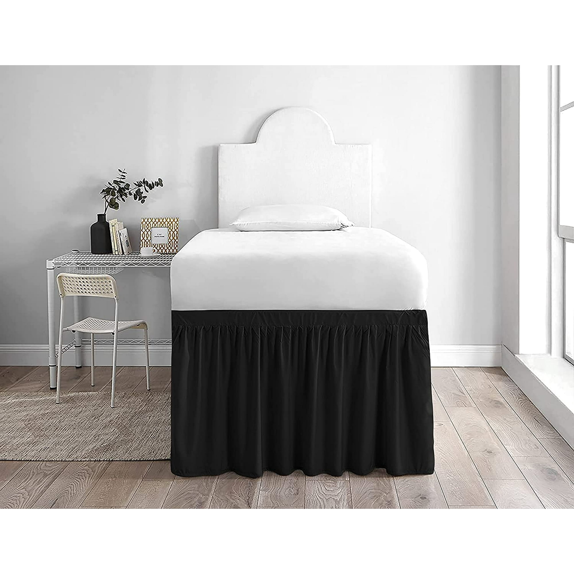 Mictong Dormitory Bed Skirt, Extra Long University Dormitory Bed Skirt with 32 inch dangling edge, ruffle edge Dormitory Bed Skirt, Elastic Bed Skirt, Easy to Install, 1 piece, Black