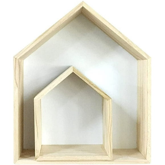 Wall Floating Shelf, House Shape Wall Storage Shelf Wooden Display Hanging Shelving Room Decoration (White)-White